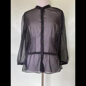 Ann Taylor LOFT Sheer Black Polka Dot Long Sleeve Goth Blouse US 10 20-0173